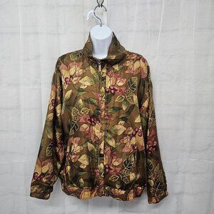 EVR Brown Silk Zip Retro Bomber Jacket Berry Print Mock Neck Boho M
